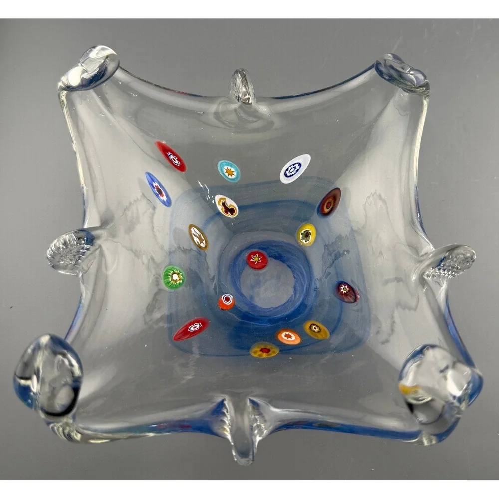 Vintage Murano Style Millefiori Art Glass Bowl Blue Hand Blown Italian 7